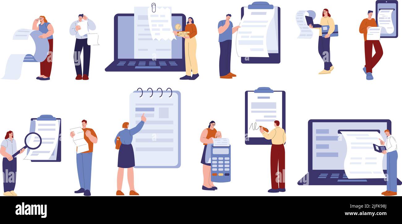 Persone con fatture. Contabilità e modifica ordini, problemi di pagamento delle imposte. Donne calcolo finanze, persona con carta e fattura online. Fatturazione bancaria Illustrazione Vettoriale