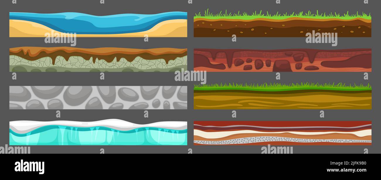 Cartoni animati senza giunture. Superficie piano terra, spiaggia, rocce gioco paesaggio. Texture da gioco con acqua e pietre, terra sporca e erba verde, neoterica Illustrazione Vettoriale
