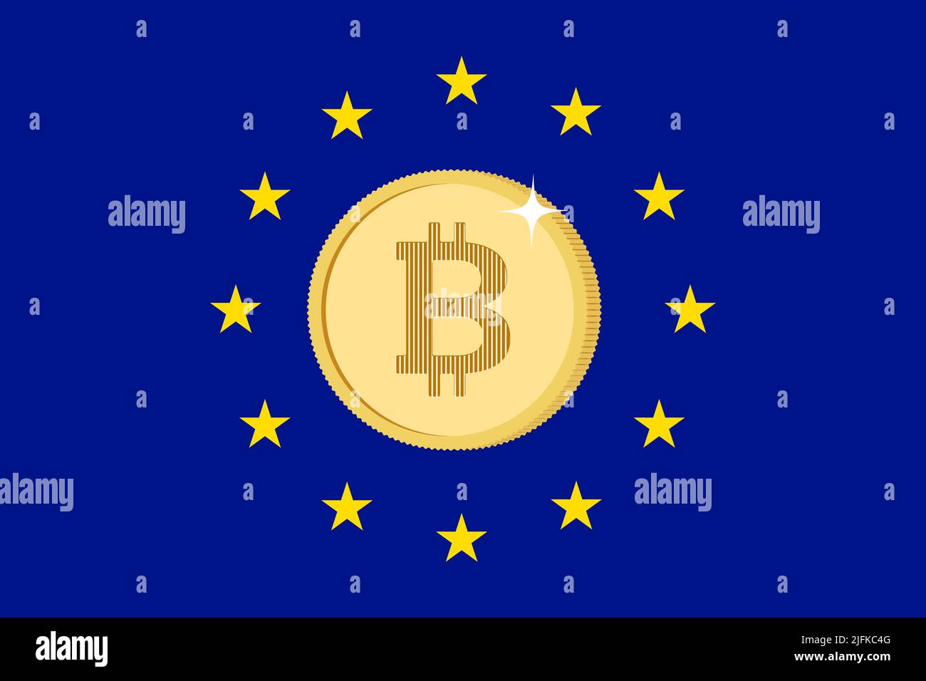 Bandiera dell'Unione europea e moneta di bit. Regolamentazione fiscale sulla criptovaluta in Europa Illustrazione Vettoriale