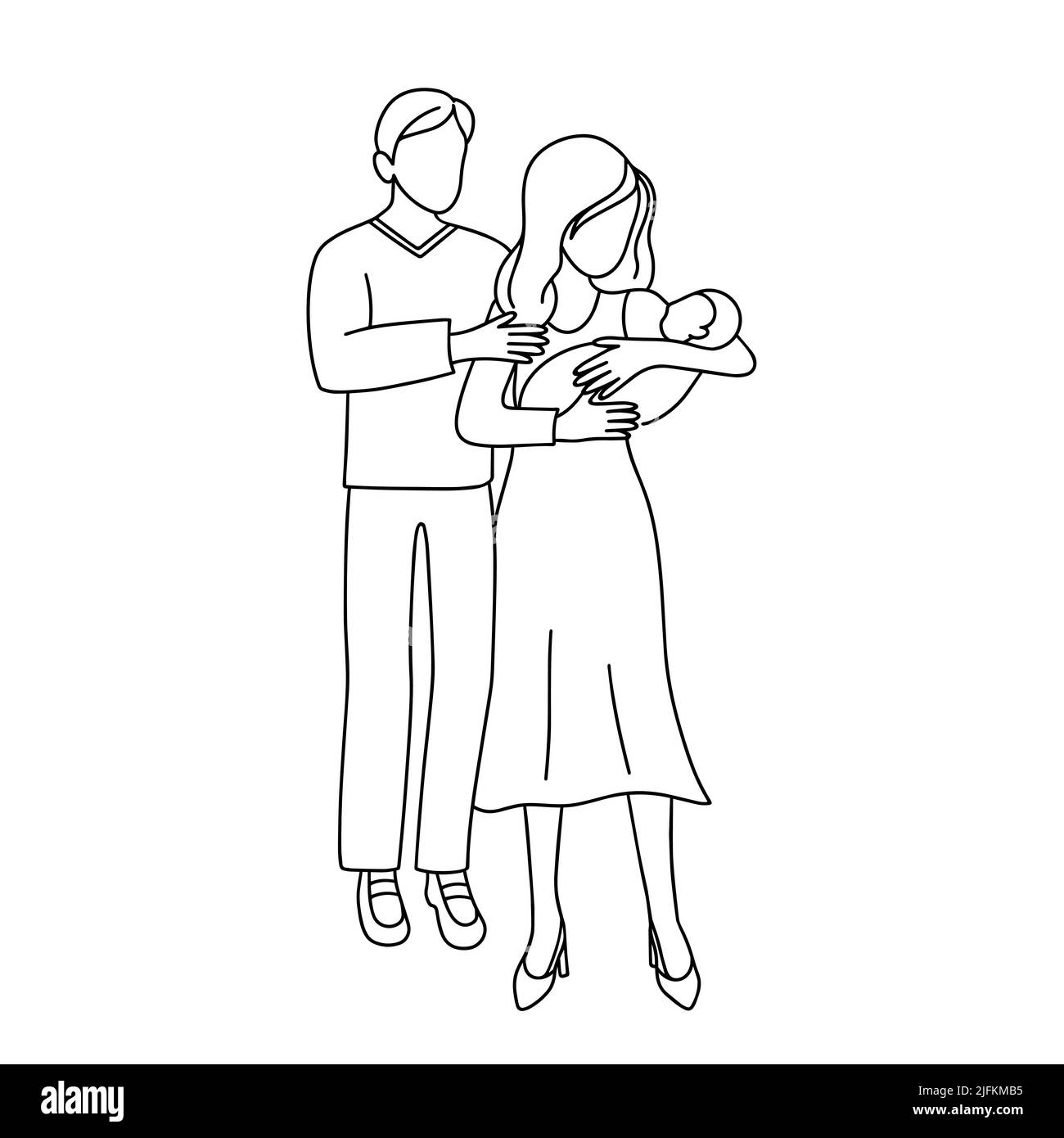 Illustrazione vettoriale del doodle della famiglia. La donna tiene il neonato tra le braccia, l'uomo si trova nelle vicinanze. Marito moglie e bambino delineano nero isolato oggetto su bianco ba Illustrazione Vettoriale