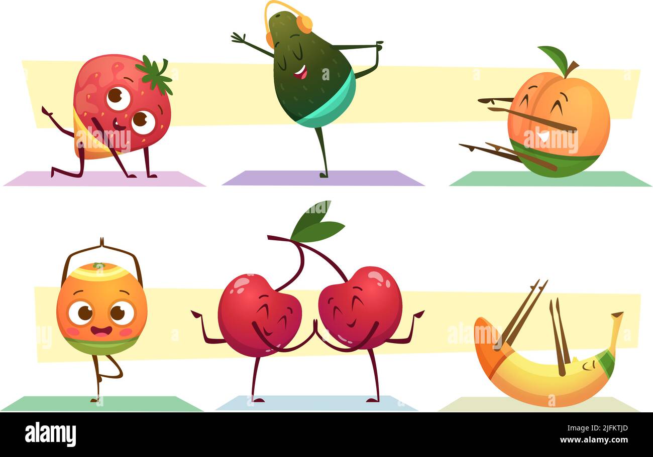 Frutti di yoga. Esercizi di allenamento divertenti personaggi sportivi frutta sana stretching rilassante esatto vettore cartoon attivo pose Illustrazione Vettoriale