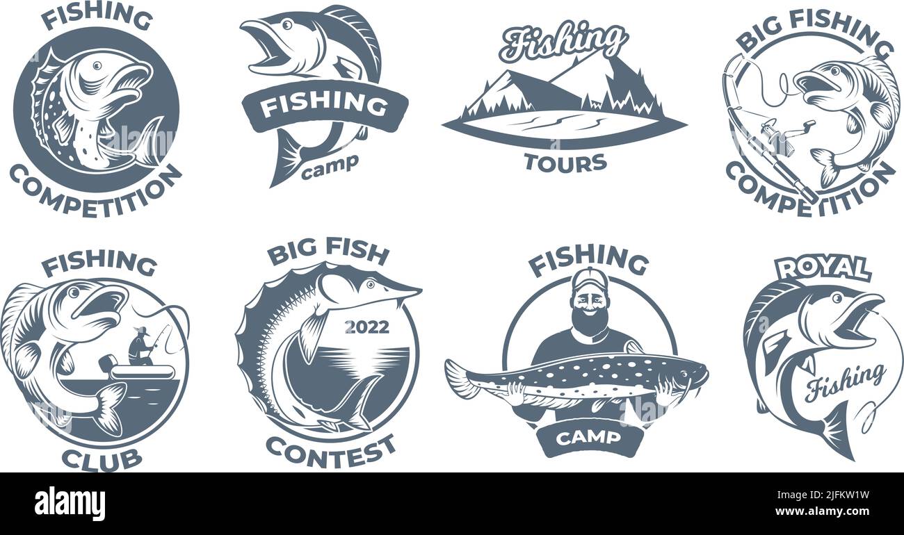 Pesca sportiva. Gancio per pesce oceano grande canna da pesca vettore esatto stilizzato badge design con luogo per il testo Illustrazione Vettoriale