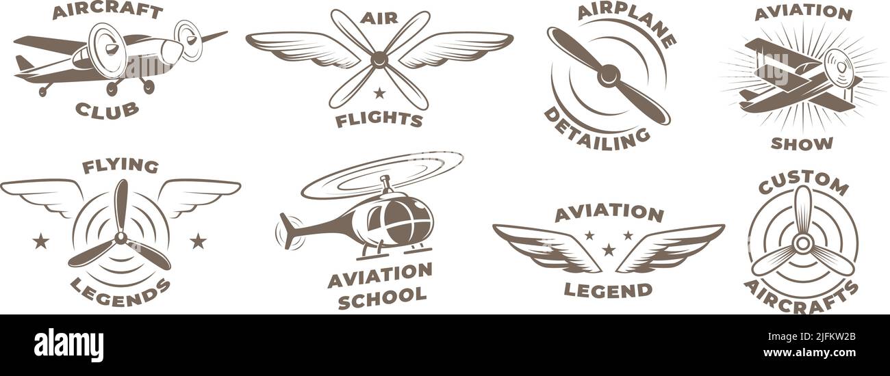 Badge per aeroplani. Aviatori simboli eliche ali di aeroplani etichette vettoriali esatte con posto per il testo Illustrazione Vettoriale