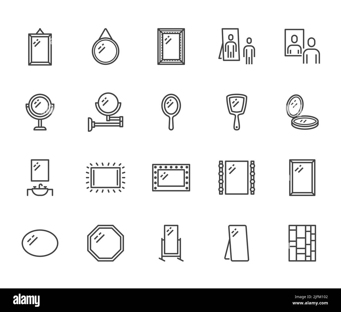 Rifletta, rifletta le icone della linea piatta impostate. Vari specchi - rotondi, trucco, full length, illustrazioni vettoriali interni bagno. Segni di contorno per Illustrazione Vettoriale