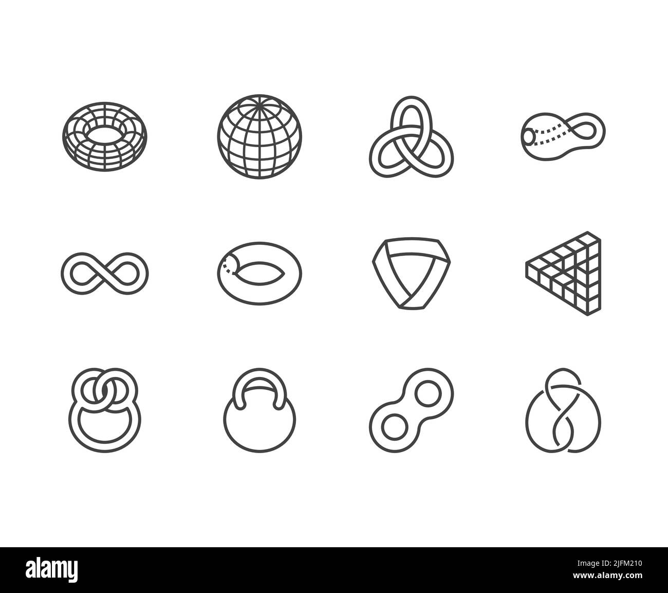 Forme geometriche icone di linea piatta impostate. Figure topologiche sfera, toro, striscia mobius, illustrazioni vettoriali bottiglie klein. Segni sottili per l'istruzione Illustrazione Vettoriale