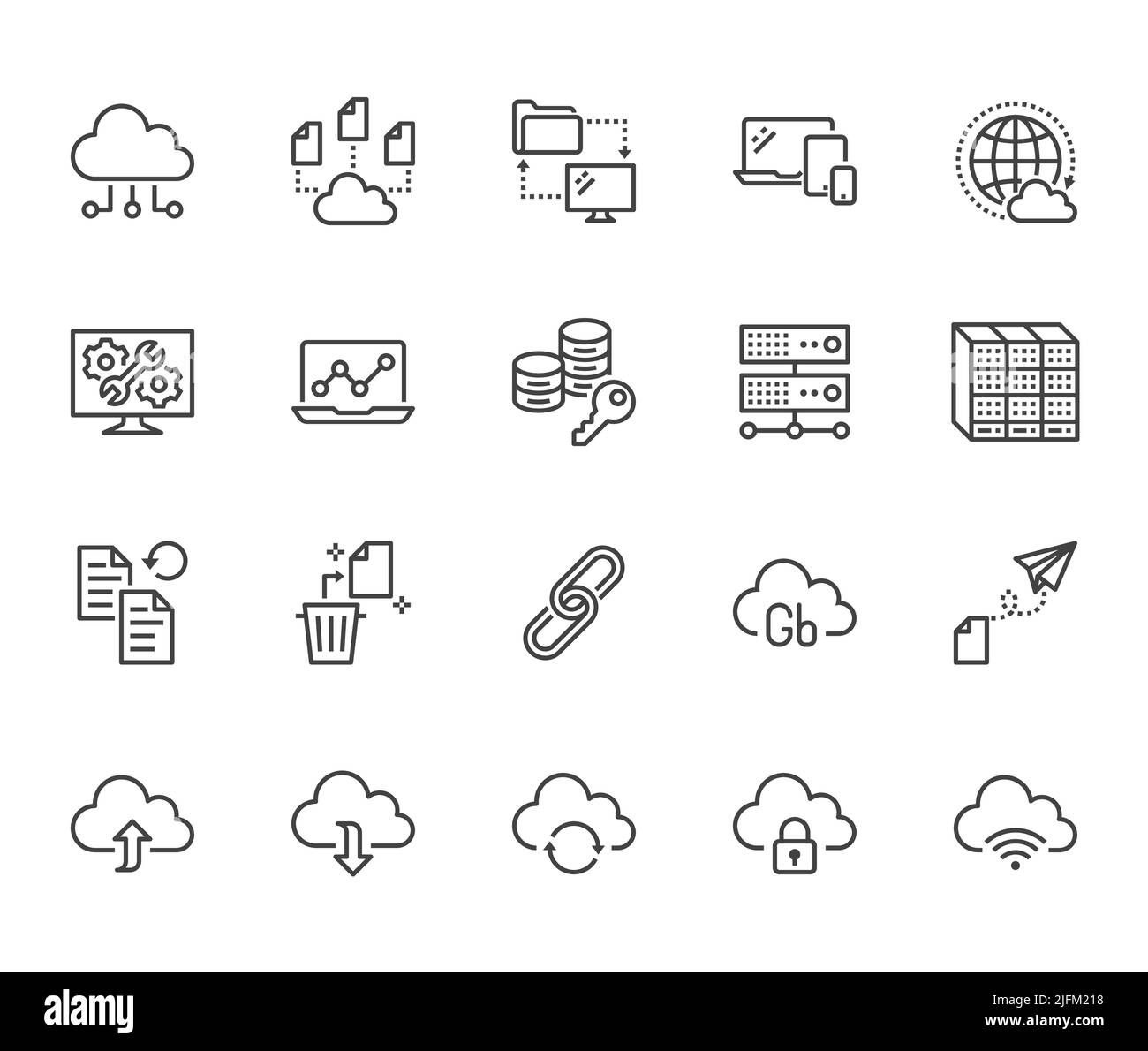 Icone riga archiviazione dati cloud impostate. Database, storage di informazioni, centro server, rete globale, backup, scarica illustrazioni vettoriali. Tecnologia Illustrazione Vettoriale
