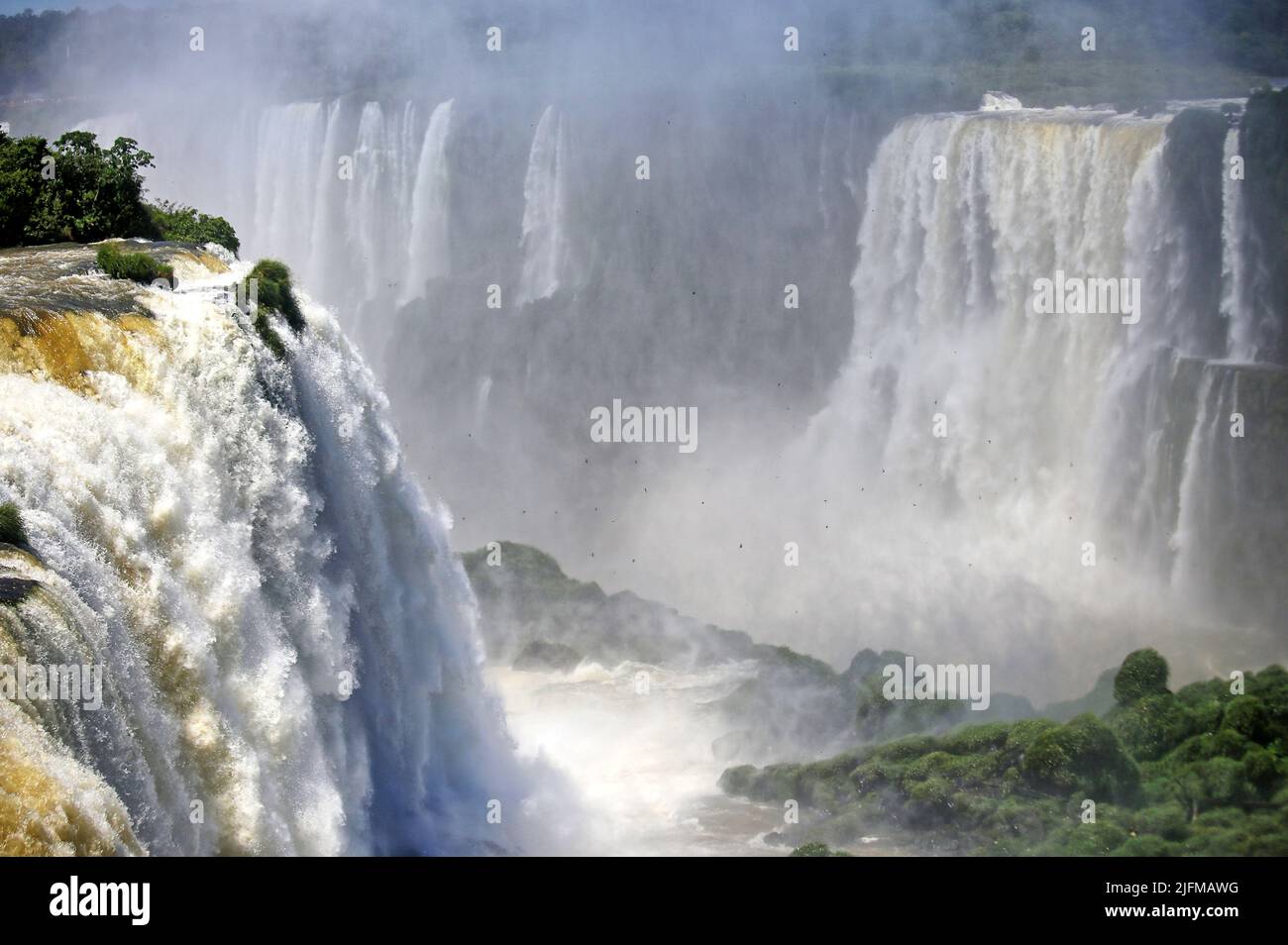 Südamerika (portugiesisch) oder Iguazú (spanisch) in. Hier stürzt der Rio Iguacu in vielen Wasserfällen in die Tiefe. Durch die Wasserfälle läuft die Grenze zwischen Brasilien und Argentinien. Der Nome bedeutet: 'Großes Wasser'. Foto Stock