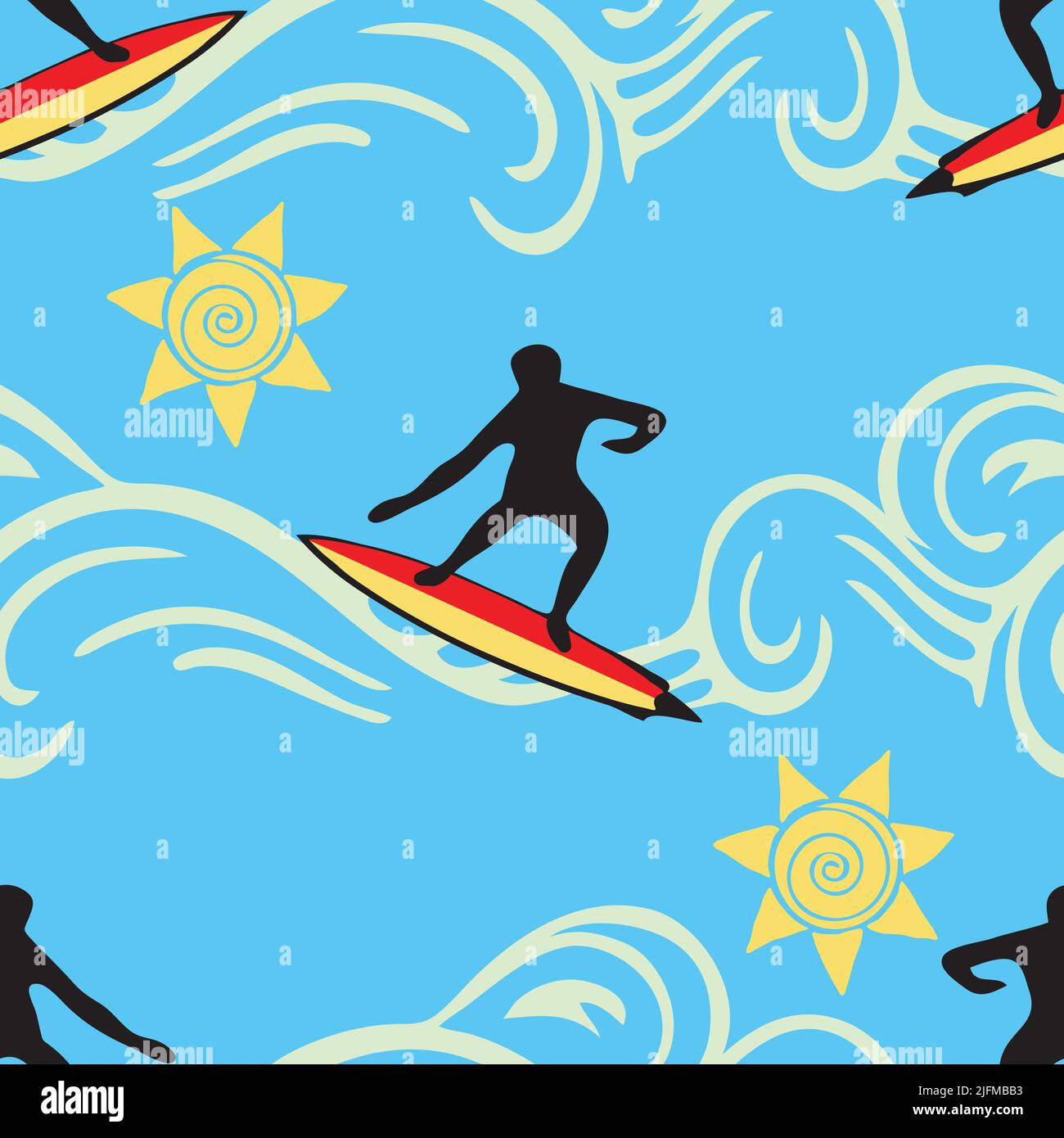Motivo vettoriale senza cuciture con silhouette surfer su sfondo blu. Happy estate sport carta da parati design. Lifestyle moda tessile. Illustrazione Vettoriale