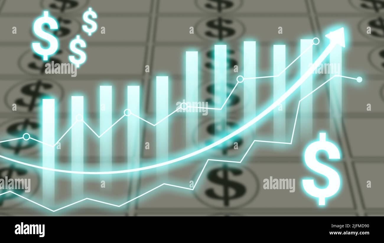 Il grafico dell'inflazione del dollaro con il sigh luminoso del dollaro e lo sfondo sfocato della nota del dollaro. Foto Stock