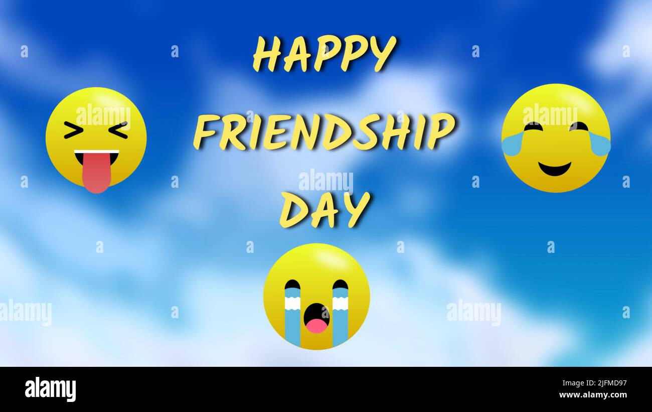 Giornata felice di amicizia su sfondo cielo con ridere, sorridere e piangere faccia emoji. Concetto per celebrare il giorno dell'amicizia. Foto Stock