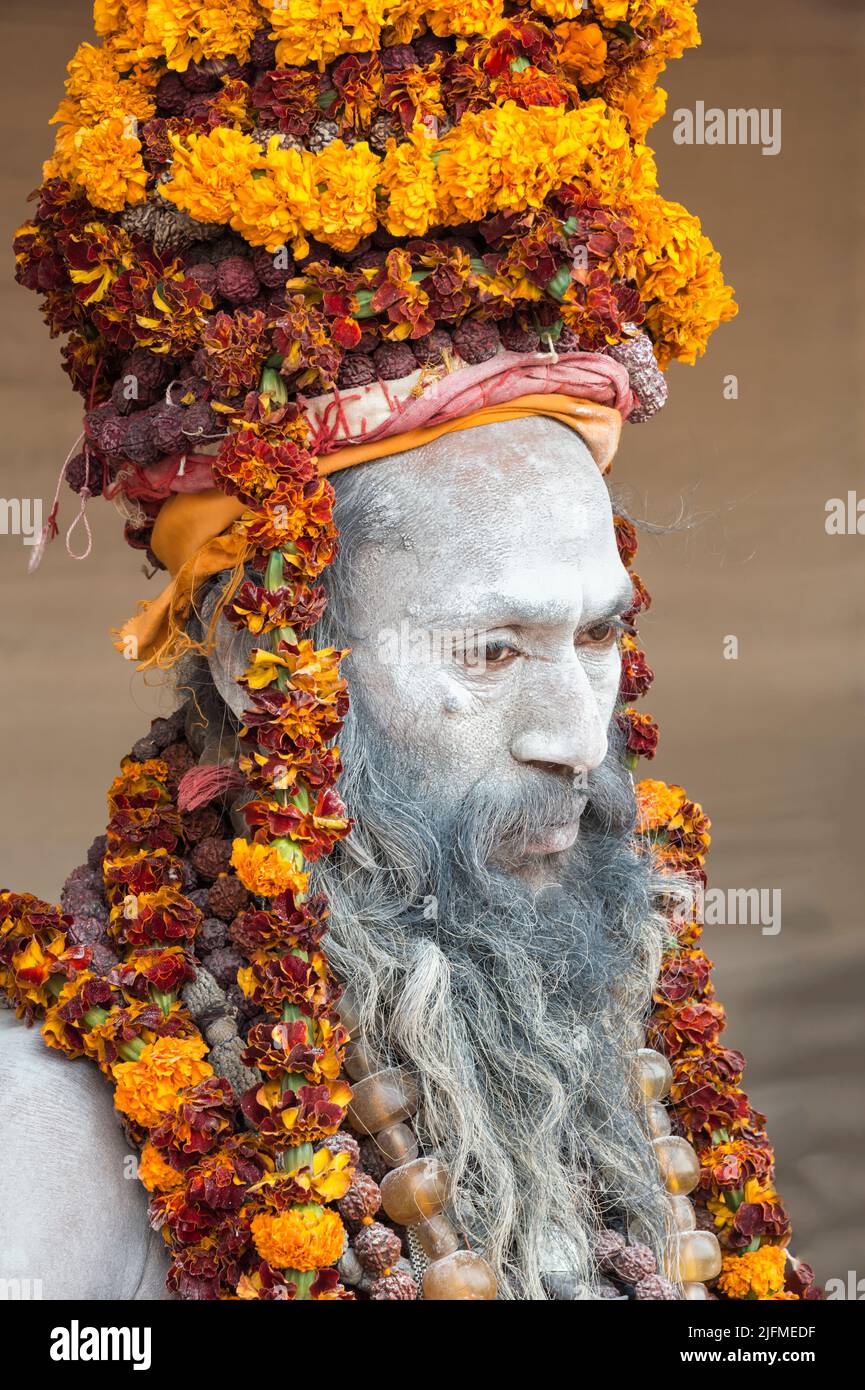 Il sadhu coperto di cenere bianca con un cappello di collane Marigold garland, solo per uso editoriale, Allahabad Kumbh Mela, il più grande raduno religioso del mondo Foto Stock