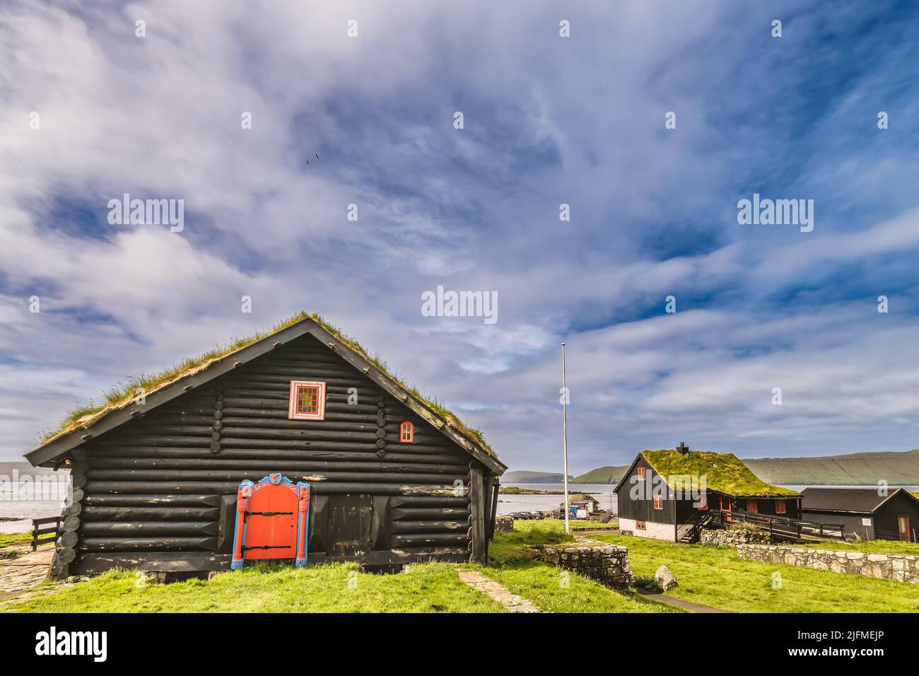 Antica fattoria del re a Kirkubour alle Isole Faroe Foto Stock