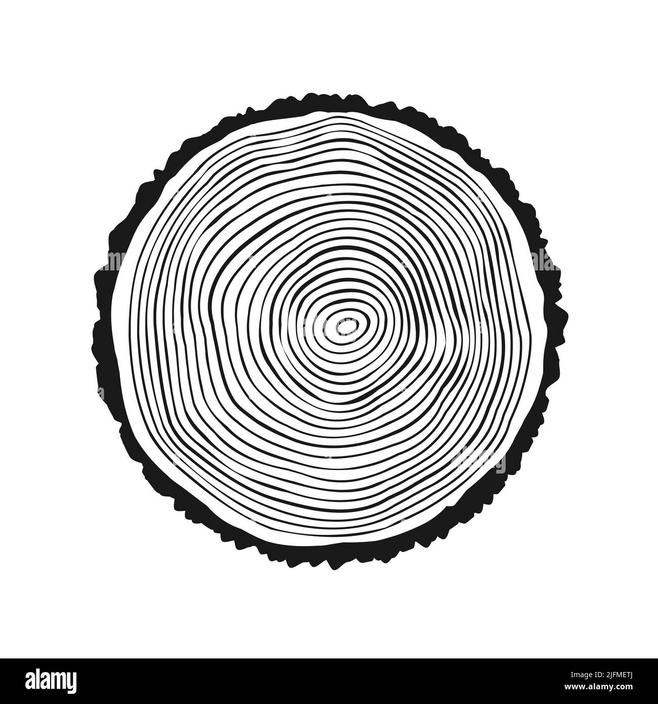 Tronco di albero rotondo tagliato, segato pino o fetta di quercia. Legname tagliato da poco, legno. Tessitura di legno con anelli di albero. Schizzo disegnato a mano. Illustrazione vettoriale Illustrazione Vettoriale