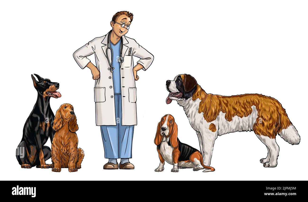 Il veterinario amichevole ed i suoi pazienti. Veterinario con illustrazione cani. Foto Stock