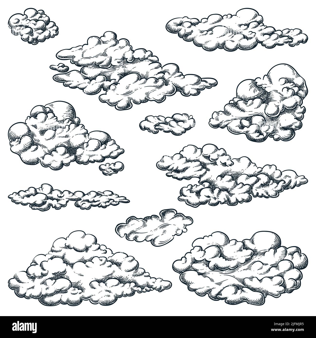 Nuvole morbide illustrazione vettoriale dello schizzo disegnata a mano. Elementi di design Sky isolati su sfondo bianco Illustrazione Vettoriale