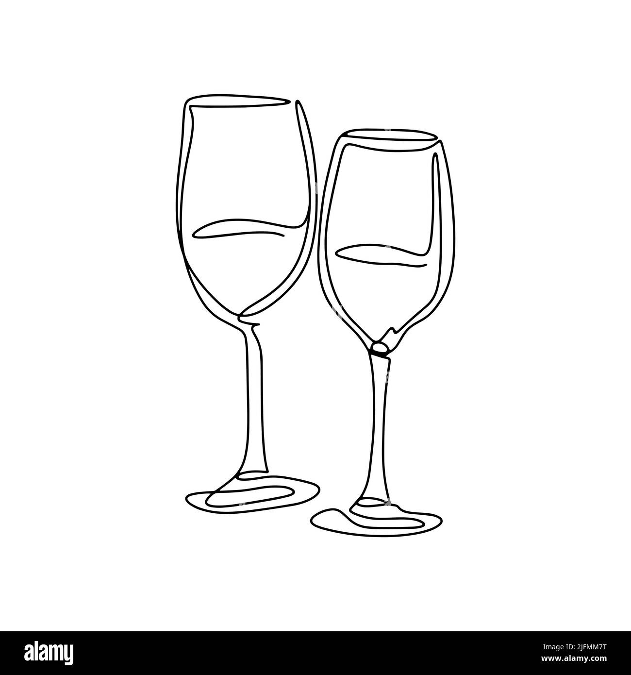 Coppia di bicchieri da vino isolato line art vettoriale. Bicchieri sulle gambe per bevande alcoliche. Vetreria per bere contorno nero su sfondo bianco Illustrazione Vettoriale