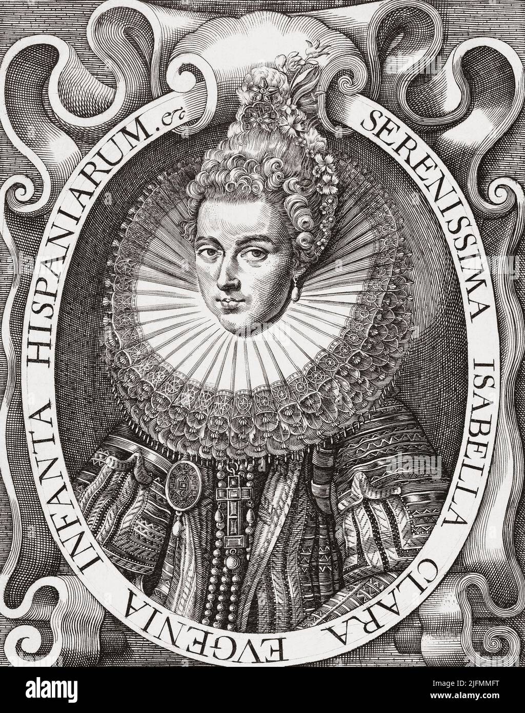 Isabella Clara Eugenia, 1566 - 1633. Figlia di Filippo II di Spagna ed Elisabetta di Valois. Con suo marito Alberto VII, Arciduca d'Austria era sovrana dei Paesi Bassi spagnoli e del nord della Francia moderna. Dopo un lavoro di Renold Elstrack. Foto Stock