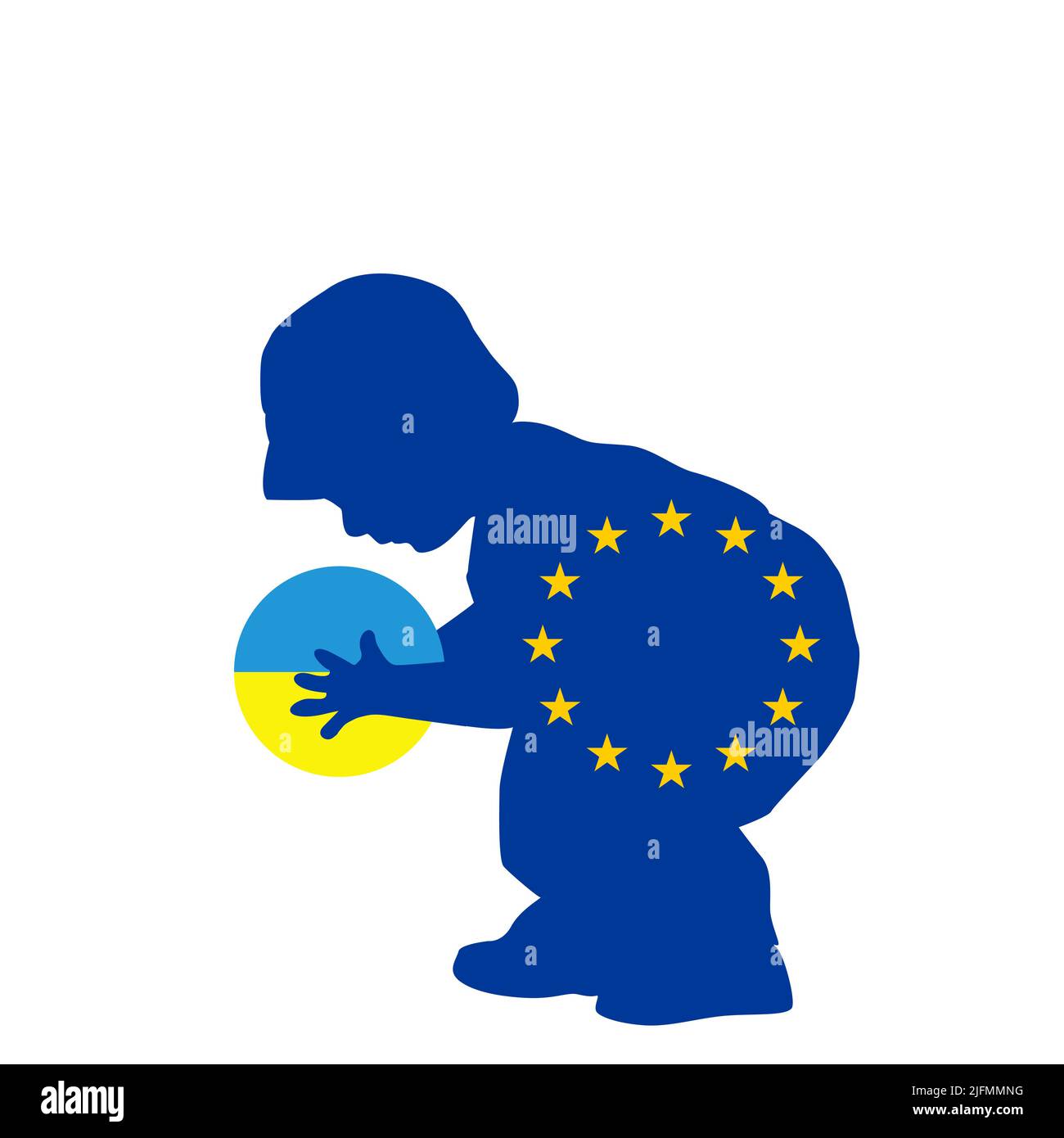 L'Unione europea aiuta l'Ucraina a fare un'illustrazione astratta con un bambino che tiene una palla colorata in colori di bandiera Ucraina Illustrazione Vettoriale