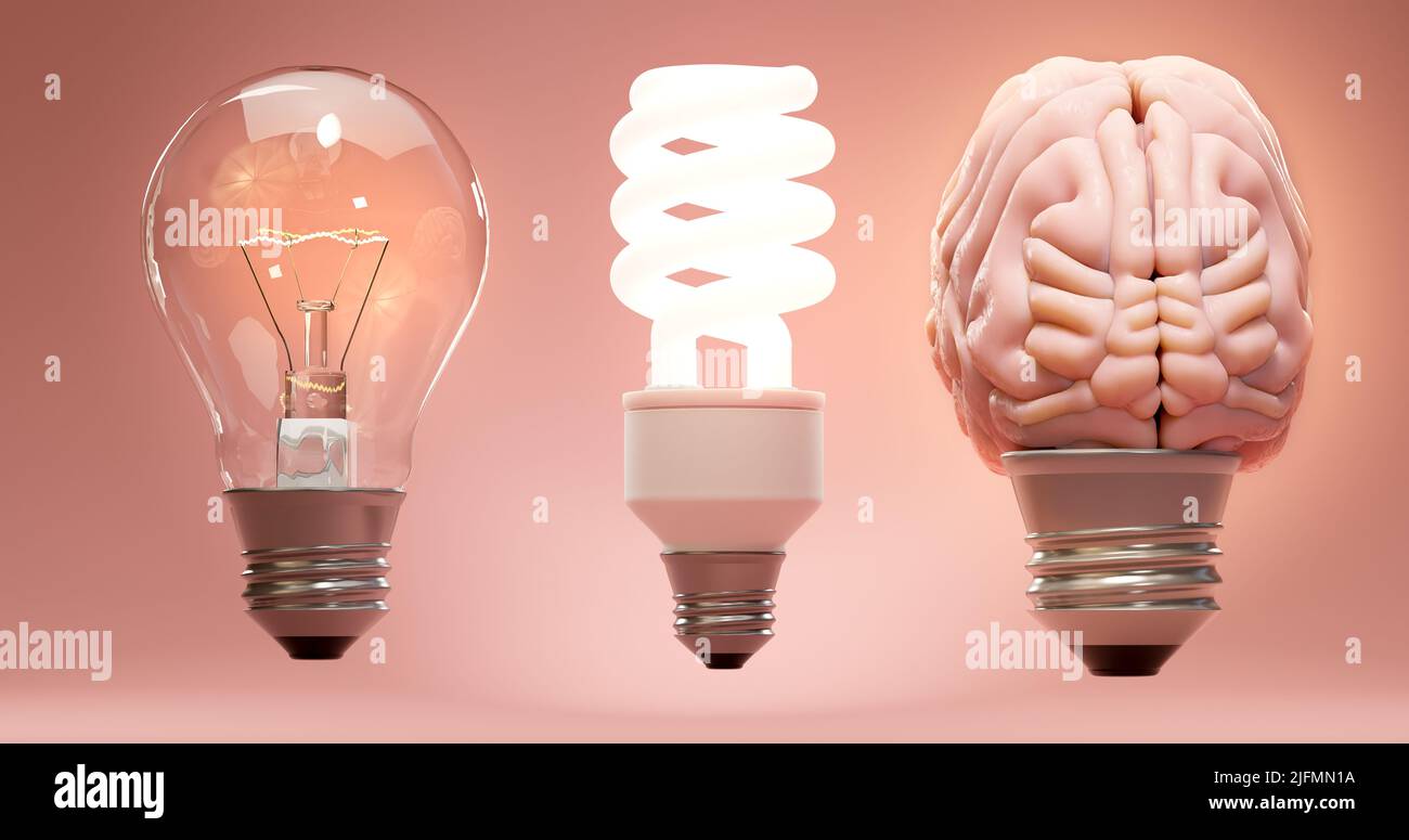 Lampadine a incandescenza, a risparmio energetico e a luce cerebrale umana in fila. Concetto di evoluzione, ispirazione, creatività, idea, educazione, innovazione e ene Foto Stock