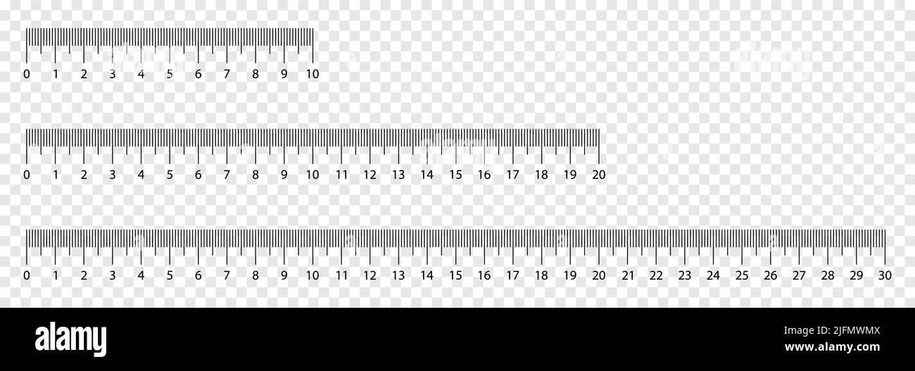 Set di scale righello. Strumento di misurazione. Righello 10, 20, 30 cm. Illustrazione vettoriale isolata su sfondo trasparente Illustrazione Vettoriale