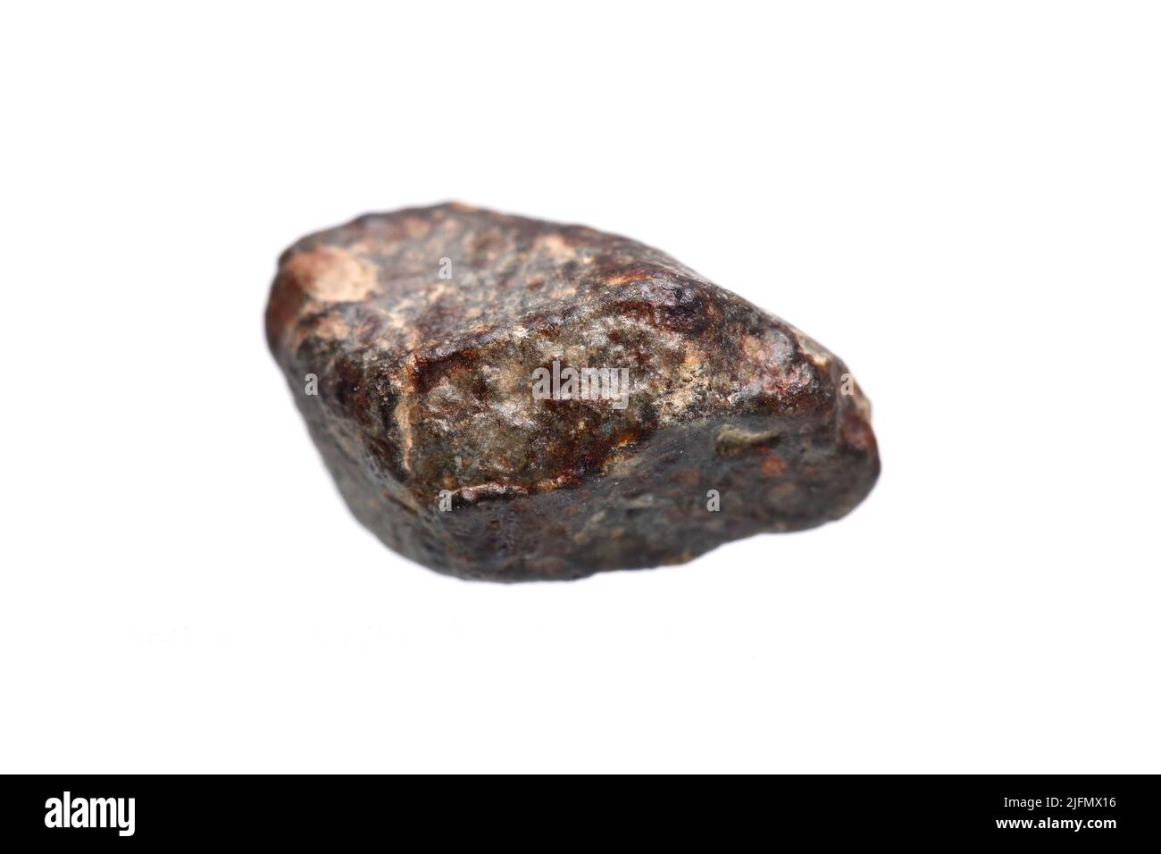 il meteorite condrite (sottotipo L) su sfondo bianco mostra un po' di scaglie di metallo sulla superficie (DOF poco profondo) Foto Stock