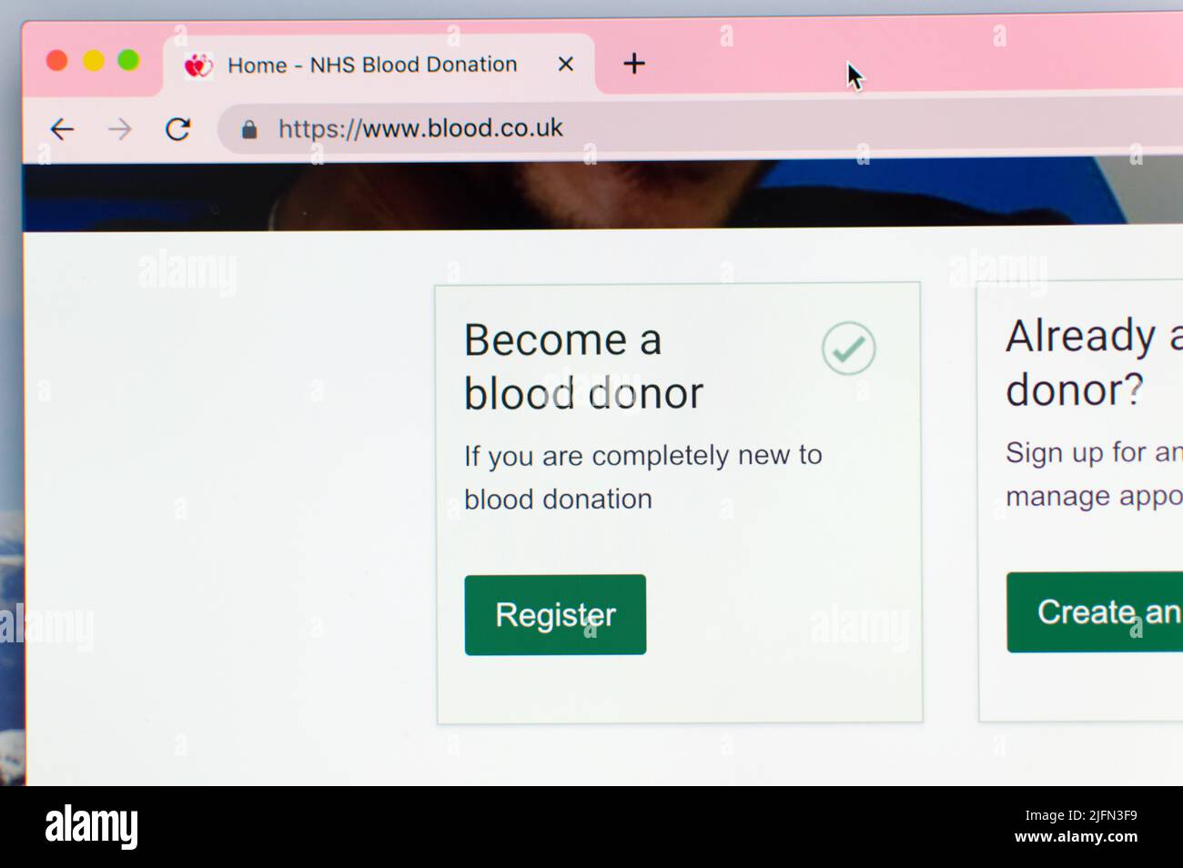 Sito web NHS per la registrazione dei donatori di sangue Foto Stock