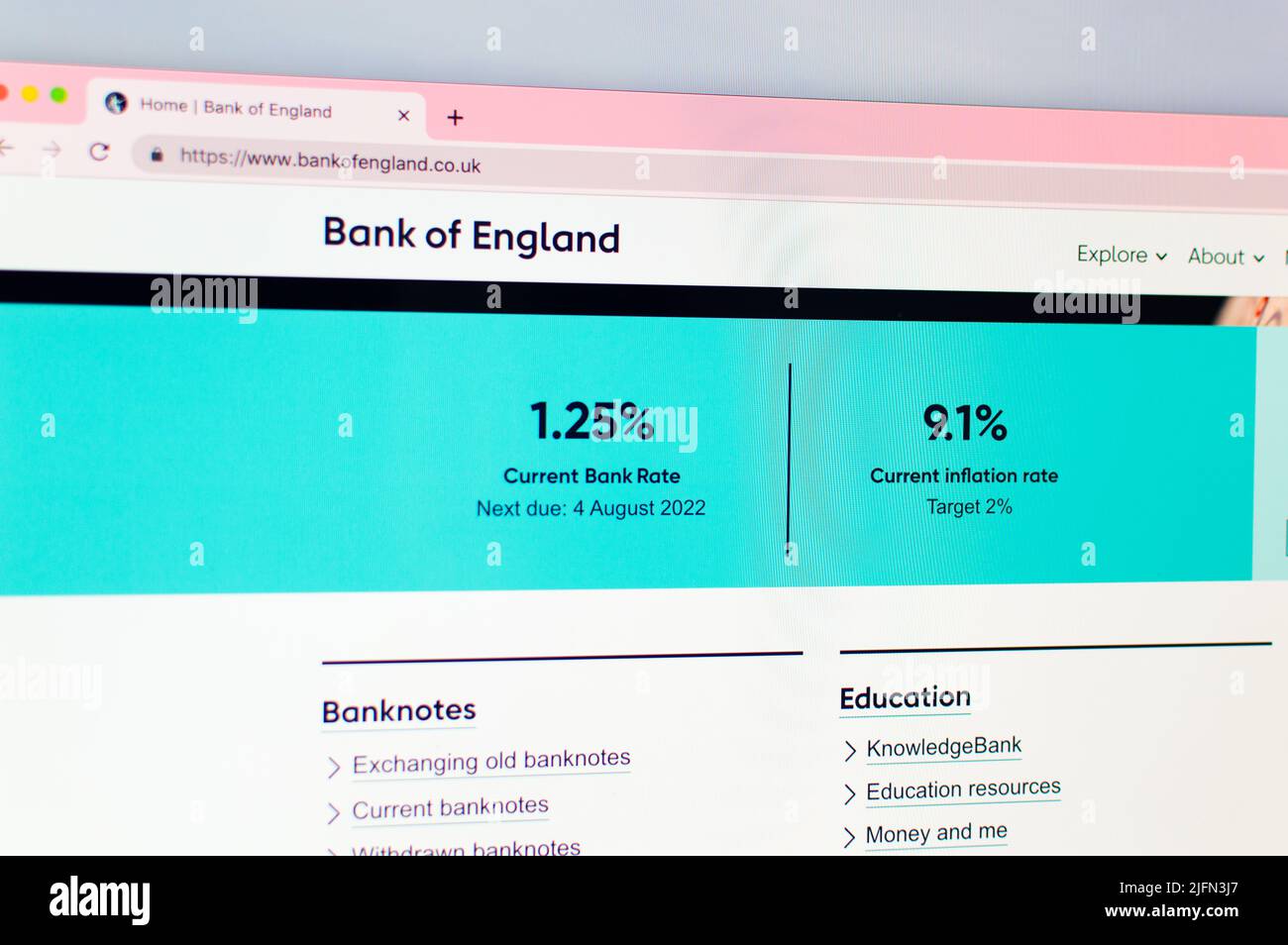 Sito web della Banca d'Inghilterra che mostra il tasso d'interesse e l'inflazione Foto Stock