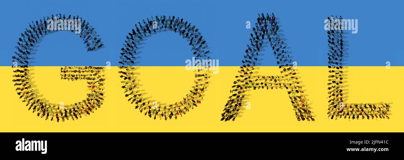 Concetto concettuale grande comunità di persone che formano LA PAROLA OBIETTIVO sulla bandiera Ucraina. 3d metafora di illustrazione per la libertà e la democrazia, la leadership e. Foto Stock