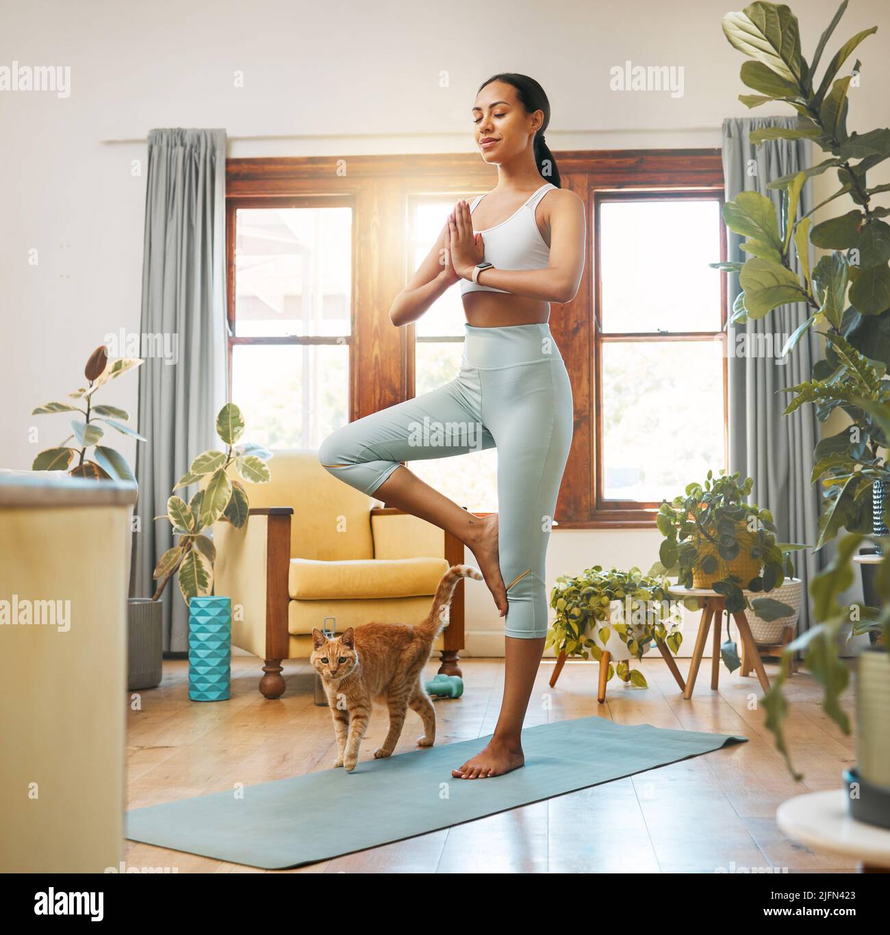 Guardando la sua mamma tenere una posa purrfect. Shot di una giovane donna sportiva che pratica lo yoga a casa con il suo gatto. Foto Stock