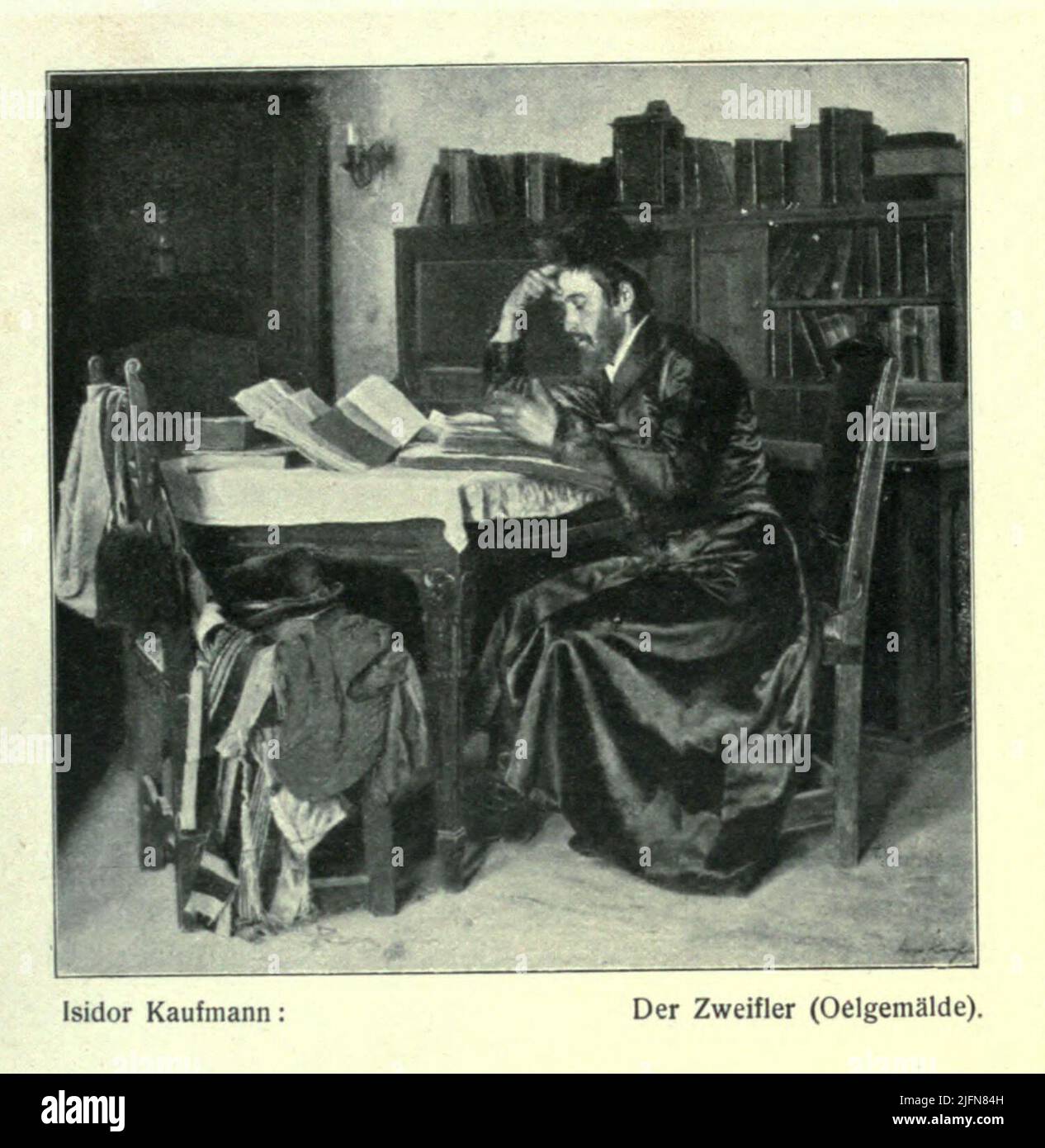 Il doppiatore (dipinto ad olio) di Isidor Kaufmann Isidor Kaufmann (Arad, 22 marzo 1853 – Vienna, 1921) è stato un pittore austro-ungarico di temi ebraici. Dopo aver dedicato la sua carriera alla pittura di genere, ha viaggiato in tutta l'Europa orientale alla ricerca di scene di ebreo, spesso Hasidic lifFrom il libro in tedesco ' Galizien, seine kulturelle und wirtschaftliche Entwicklung. ' [ Galizia, il suo sviluppo culturale ed economico. ] Editore e curatore responsabile Siegmund Bergmann. 1912 Foto Stock