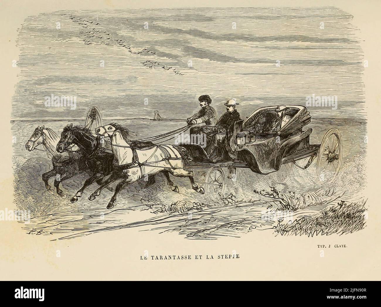 Le Tarantasse et la Steppe del libro Lettres sur le Caucase et la Crimée : ouvrage arricchi de trente vignettes dessinées d'après nature et d'une carte dressée au Dépôt topographique de la guerre à Saint-Pétersbourg [lettere sul Caucaso e la Crimea: Opera arricchita con trenta vignette tratte dalla natura e una mappa elaborata al Topographic War Depot di San Pietroburgo] di Floriant Gille, anno di pubblicazione 1859 Editore Parigi : Gide Foto Stock