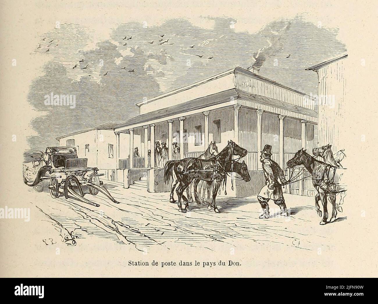 Stazione postale a Don Paese dal libro Lettres sur le Caucase et la Crimée : ouvrage arricchi de trente vignettes dessinées d'après nature et d'une carte dressée au Dépôt topographique de la guerre à Saint-Pétersbourg [lettere sul Caucaso e la Crimea: Opera arricchita con trenta vignette tratte dalla natura e una mappa elaborata al Topographic War Depot di San Pietroburgo] di Floriant Gille, anno di pubblicazione 1859 Editore Parigi : Gide Foto Stock