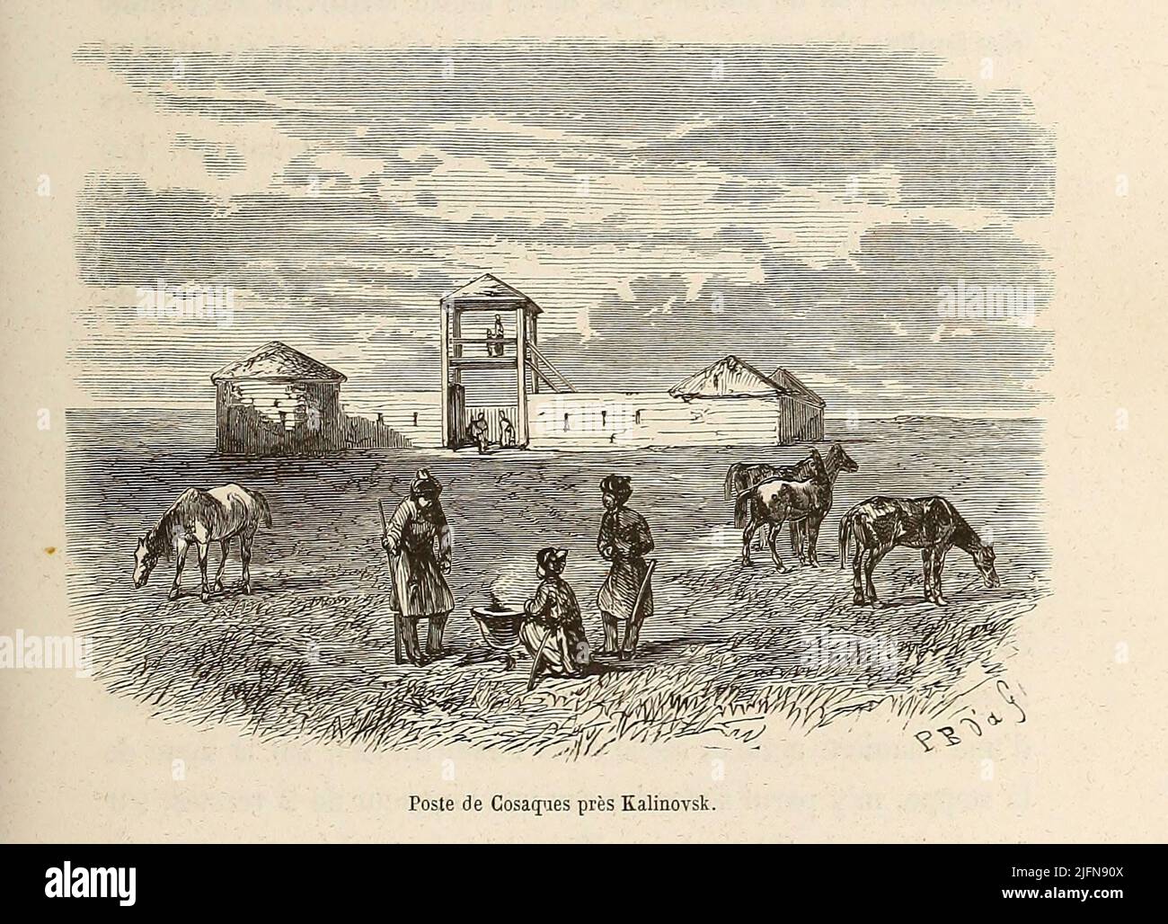 Cossack post near Kalinovsk dal libro Lettres sur le Caucase et la Crimée : ouvrage arricchi de trente vignettes dessinées d'après nature et d'une carte dressée au Dépôt topographique de la guerre à Saint-Pétersbourg [lettere sul Caucaso e la Crimea: Opera arricchita con trenta vignette tratte dalla natura e una mappa elaborata al Topographic War Depot di San Pietroburgo] di Floriant Gille, anno di pubblicazione 1859 Editore Parigi : Gide Foto Stock