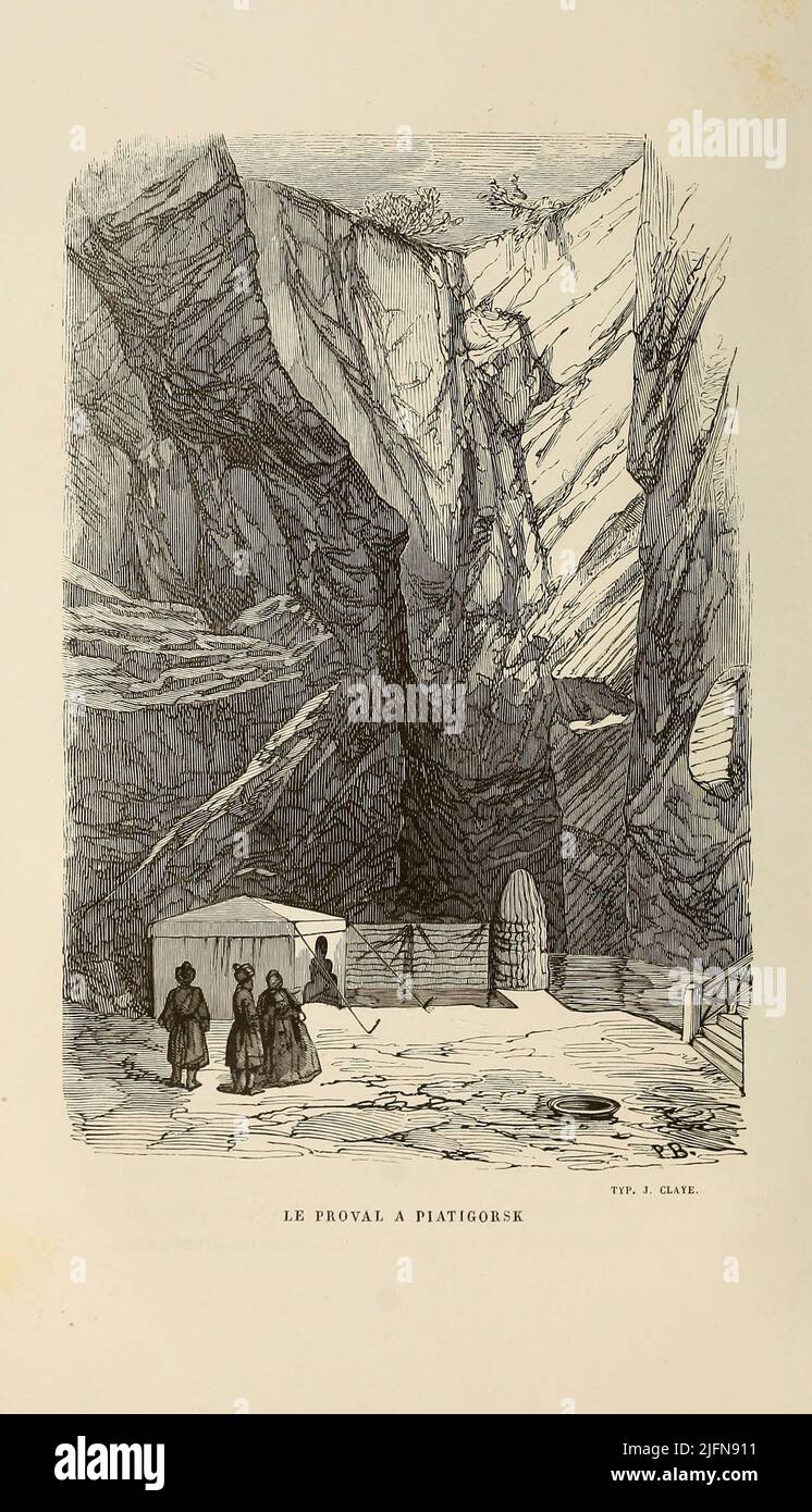 Il proval di Piatigorsk dal libro Lettres sur le Caucase et la Crimée : ouvrage arricchi de trente vignettes dessinées d'après nature et d'une carte dressée au Dépôt topographique de la guerre à Saint-Pétersbourg [lettere sul Caucaso e la Crimea: Opera arricchita con trenta vignette tratte dalla natura e una mappa elaborata al Topographic War Depot di San Pietroburgo] di Floriant Gille, anno di pubblicazione 1859 Editore Parigi : Gide Foto Stock