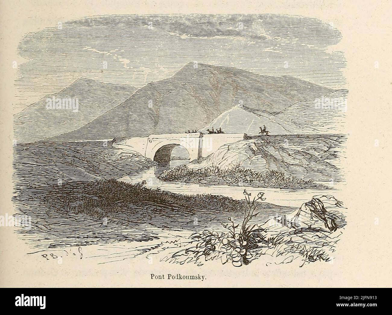 Podkoumsky Ponte dal libro Lettres sur le Caucase et la Crimée : ouvrage arricchi de trente vignettes dessinées d'après nature et d'une carte dressée au Dépôt topographique de la guerre à Saint-Pétersbourg [lettere sul Caucaso e la Crimea: Opera arricchita con trenta vignette tratte dalla natura e una mappa elaborata al Topographic War Depot di San Pietroburgo] di Floriant Gille, anno di pubblicazione 1859 Editore Parigi : Gide Foto Stock