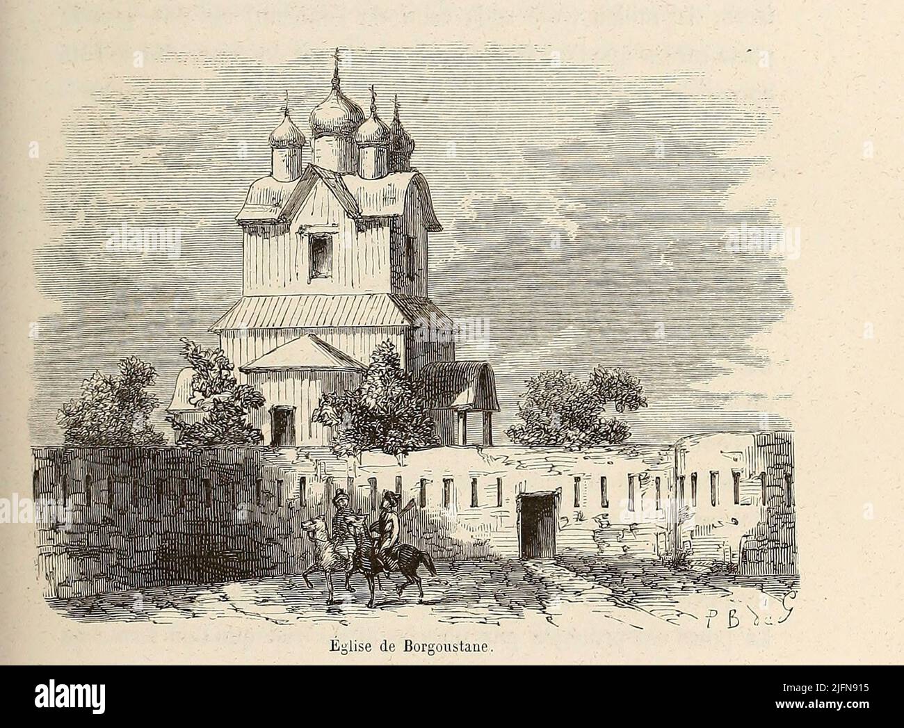 Chiesa Boregoustane dal libro Lettres sur le Caucase et la Crimée : ouvrage arricchi de trente vignettes dessinées d'après nature et d'une carte dressée au Dépôt topographique de la guerre à Saint-Pétersbourg [lettere sul Caucaso e la Crimea: Opera arricchita con trenta vignette tratte dalla natura e una mappa elaborata al Topographic War Depot di San Pietroburgo] di Floriant Gille, anno di pubblicazione 1859 Editore Parigi : Gide Foto Stock
