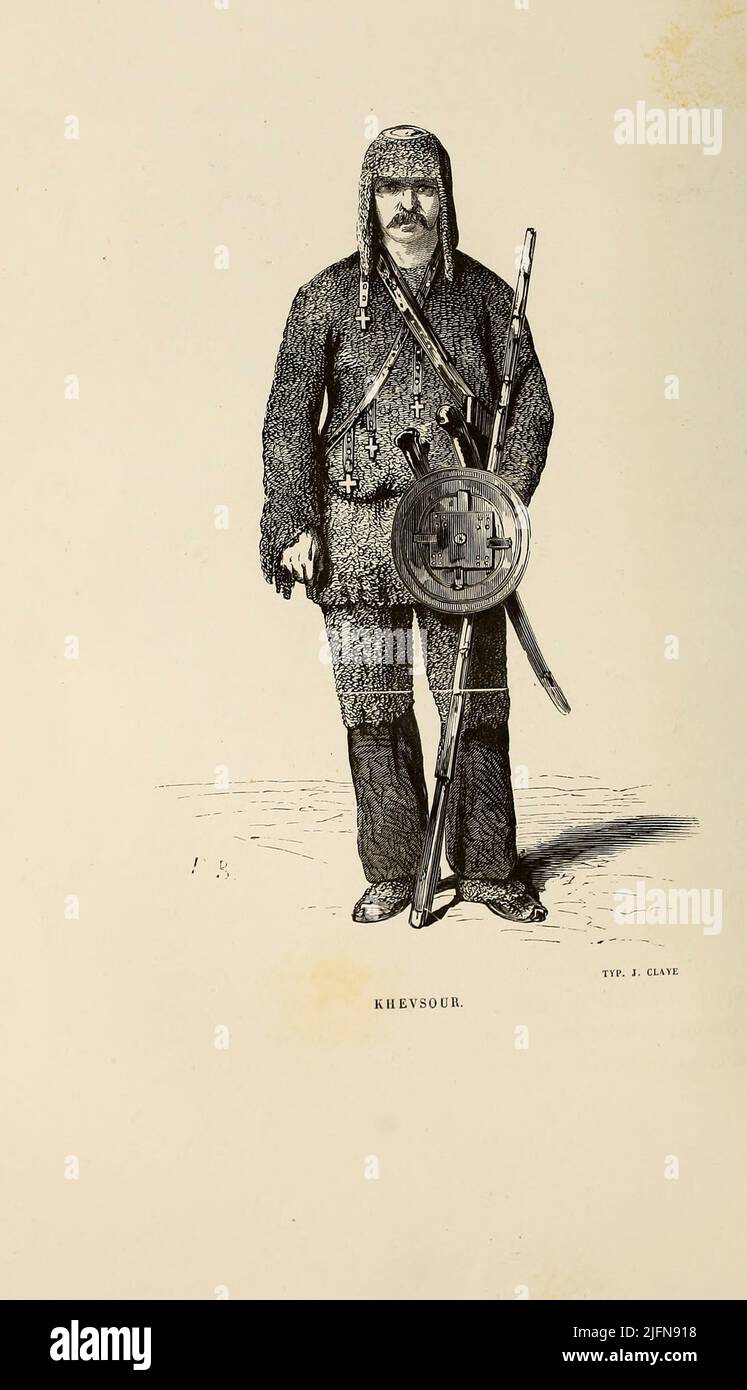 Khevsour / Khevsor Georgia dal libro Lettres sur le Caucase et la Crimée : ouvrage arricchi de trente vignettes dessinées d'après nature et d'une carte dressée au Dépôt topographique de la guerre à Saint-Pétersbourg [lettere sul Caucaso e la Crimea: Opera arricchita con trenta vignette tratte dalla natura e una mappa elaborata al Topographic War Depot di San Pietroburgo] di Floriant Gille, anno di pubblicazione 1859 Editore Parigi : Gide Foto Stock