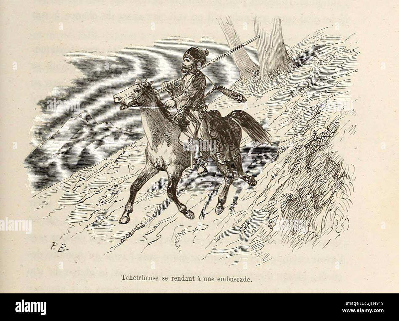 Caccia cecena alla steppa dal libro Lettres sur le Caucase et la Crimée : ouvrage arricchi de trente vignettes dessinées d'après nature et d'une carte dressée au Dépôt topographique de la guerre à Saint-Pétersbourg [lettere sul Caucaso e la Crimea: Opera arricchita con trenta vignette tratte dalla natura e una mappa elaborata al Topographic War Depot di San Pietroburgo] di Floriant Gille, anno di pubblicazione 1859 Editore Parigi : Gide Foto Stock