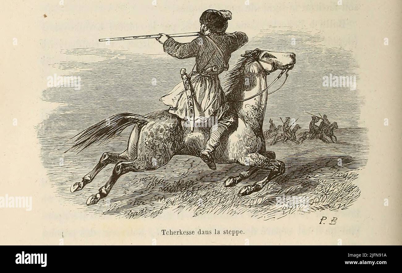 Cherkess nella steppa del libro Lettres sur le Caucase et la Crimée : ouvrage arricchi de trente vignettes dessinées d'après nature et d'une carte dressée au Dépôt topographique de la guerre à Saint-Pétersbourg [lettere sul Caucaso e la Crimea: Opera arricchita con trenta vignette tratte dalla natura e una mappa elaborata al Topographic War Depot di San Pietroburgo] di Floriant Gille, anno di pubblicazione 1859 Editore Parigi : Gide Foto Stock