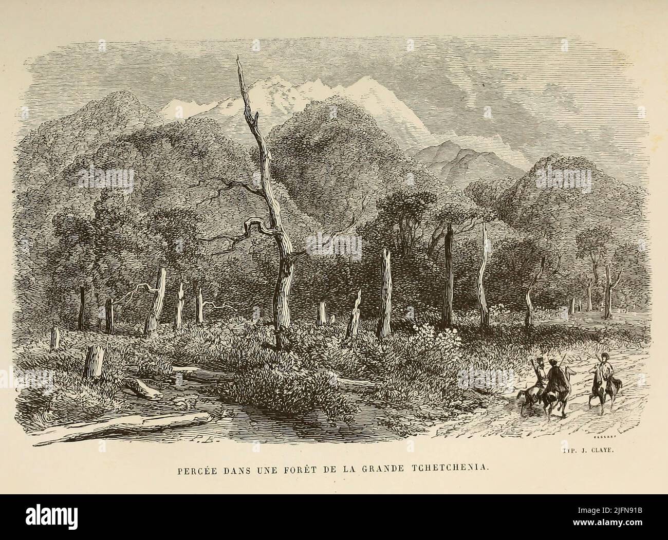 Breakthrough in a Forest of the Great Cecenia dal libro Lettres sur le Caucase et la Crimée : ouvrage arricchi de trente vignettes dessinées d'après nature et d'une carte dressée au Dépôt topographique de la guerre à Saint-Pétersbourg [lettere sul Caucaso e la Crimea: Opera arricchita con trenta vignette tratte dalla natura e una mappa elaborata al Topographic War Depot di San Pietroburgo] di Floriant Gille, anno di pubblicazione 1859 Editore Parigi : Gide Foto Stock
