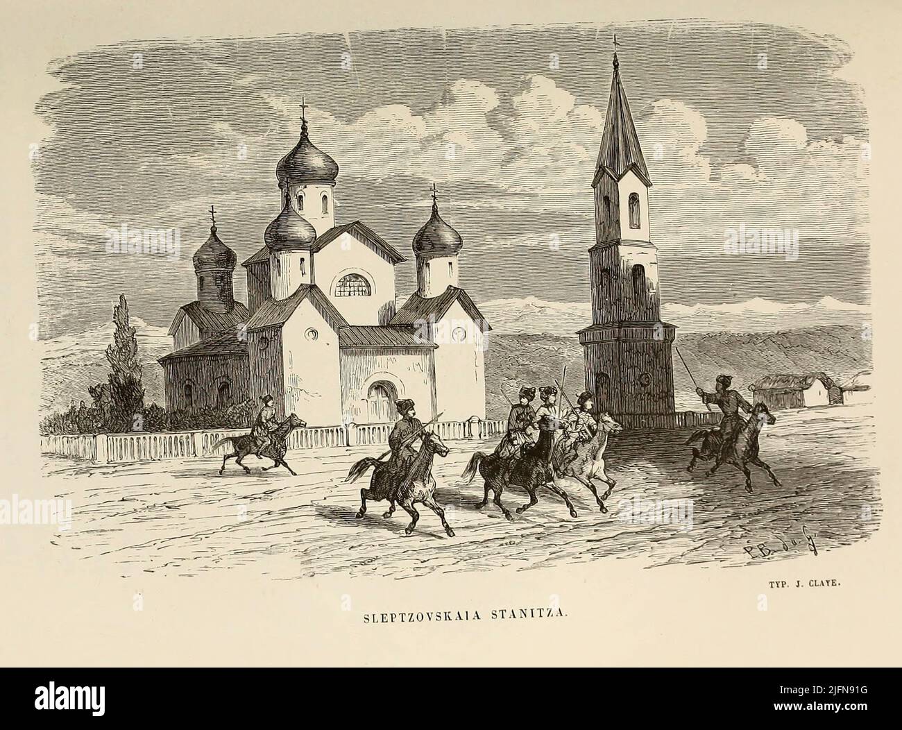 Sleptzovskaia Stanitza dal libro Lettres sur le Caucase et la Crimée : ouvrage arricchi de trente vignettes dessinées d'après nature et d'une carte dressée au Dépôt topographique de la guerre à Saint-Pétersbourg [lettere sul Caucaso e la Crimea: Opera arricchita con trenta vignette tratte dalla natura e una mappa elaborata al Topographic War Depot di San Pietroburgo] di Floriant Gille, anno di pubblicazione 1859 Editore Parigi : Gide Foto Stock