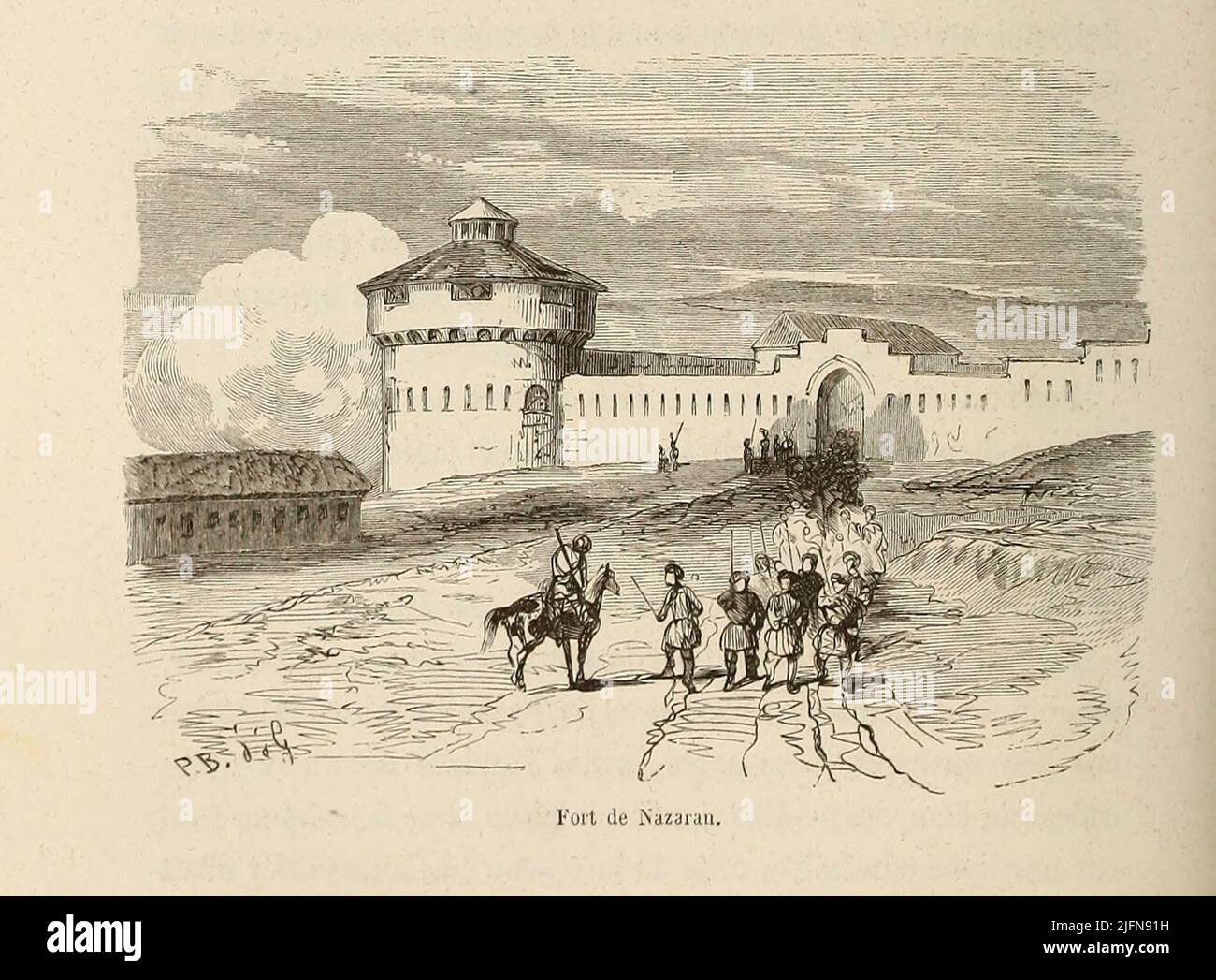 Fort de Nazaran dal libro Lettres sur le Caucase et la Crimée : ouvrage arricchi de trente vignettes dessinées d'après nature et d'une carte dressée au Dépôt topographique de la guerre à Saint-Pétersbourg [lettere sul Caucaso e la Crimea: Opera arricchita con trenta vignette tratte dalla natura e una mappa elaborata al Topographic War Depot di San Pietroburgo] di Floriant Gille, anno di pubblicazione 1859 Editore Parigi : Gide Foto Stock