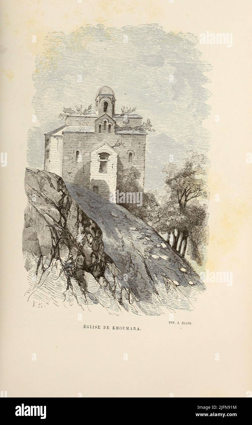 Chiesa a Khumara dal libro Lettres sur le Caucase et la Crimée : ouvrage arricchi de trente vignettes dessinées d'après nature et d'une carte dressée au Dépôt topographique de la guerre à Saint-Pétersbourg [lettere sul Caucaso e la Crimea: Opera arricchita con trenta vignette tratte dalla natura e una mappa elaborata al Topographic War Depot di San Pietroburgo] di Floriant Gille, anno di pubblicazione 1859 Editore Parigi : Gide Foto Stock