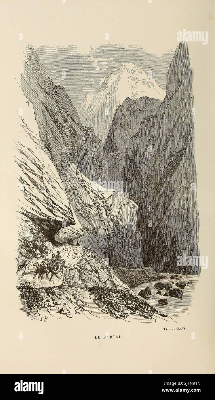 Darial Gorge, una gola alla base del monte Kazbek, vicino al confine con la Russia e la Georgia, circa 30 km a sud di Vladikavkaz dal libro Lettres sur le Caucase et la Crimée : Ouvrage arricchi de trente vignettes dessinées d'après nature et d'une carte dressée au Dépôt topographhique de la guerre à Saint-Pétersbourg [lettere sul Caucaso e la Crimea: Opera arricchita con trenta vignette tratte dalla natura e una mappa elaborata al Topographic War Depot di San Pietroburgo] di Floriant Gille, anno di pubblicazione 1859 Editore Parigi : Gide Foto Stock