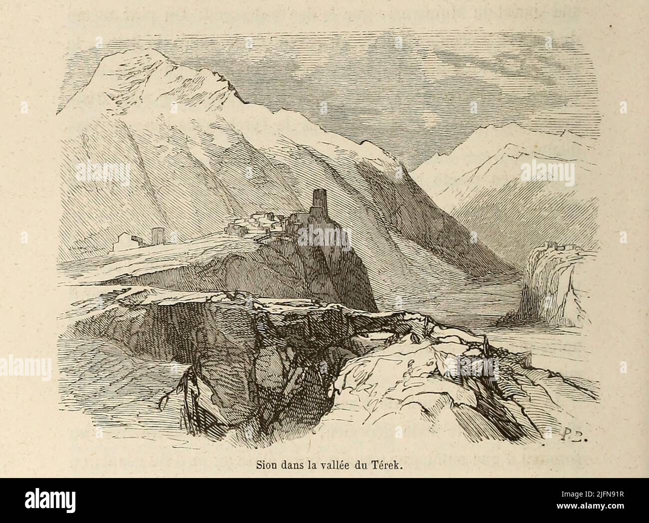 Sion in Valle Terek dal libro Lettres sur le Caucase et la Crimée : ouvrage arricchi de trente vignettes dessinées d'après nature et d'une carte dressée au Dépôt topographique de la guerre à Saint-Pétersbourg [lettere sul Caucaso e la Crimea: Opera arricchita con trenta vignette tratte dalla natura e una mappa elaborata al Topographic War Depot di San Pietroburgo] di Floriant Gille, anno di pubblicazione 1859 Editore Parigi : Gide Foto Stock