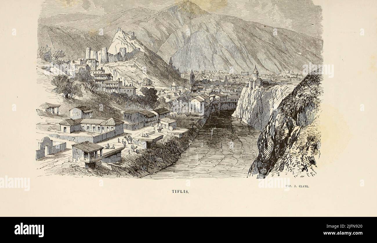 Tbilisi Georgia dal libro Lettres sur le Caucase et la Crimée : ouvrage arricchi de trente vignettes dessinées d'après nature et d'une carte dressée au Dépôt topographique de la guerre à Saint-Pétersbourg [lettere sul Caucaso e la Crimea: Opera arricchita con trenta vignette tratte dalla natura e una mappa elaborata al Topographic War Depot di San Pietroburgo] di Floriant Gille, anno di pubblicazione 1859 Editore Parigi : Gide Foto Stock