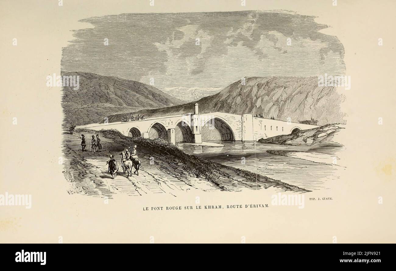 Il Ponte Rosso sul Khran, strada per Yerevan il Ponte Rosso è un ponte in rovina del 17th secolo sul fiume Hrazdan, a Yerevan, Armenia. Si chiamava «red» perché, come è costruito di tufo rosso, dal libro Lettres sur le Caucase et la Crimée : ouvrage arricchi de trente vignettes dessinées d'après nature et d'une carte dressée au Dépôt topographique de la guerre à Saint-Pétersbourg [lettere sul Caucaso e la Crimea: Opera arricchita con trenta vignette tratte dalla natura e una mappa elaborata presso il deposito Topografico di San Pietroburgo] di Floriant Gille, anno di pubblicazione 1859 pu Foto Stock