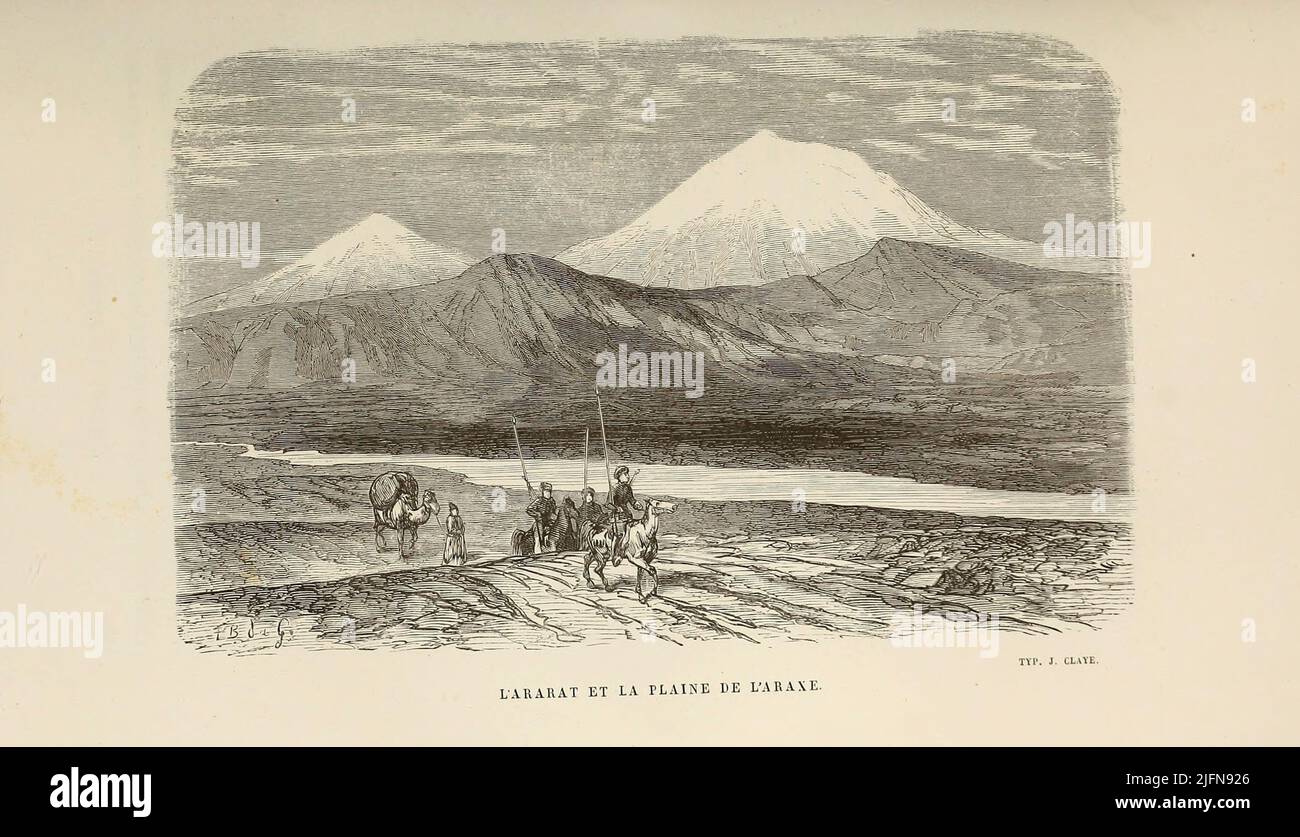 Monte Ararat dal libro Lettres sur le Caucase et la Crimée : ouvrage arricchi de trente vignettes dessinées d'après nature et d'une carte dressée au Dépôt topographique de la guerre à Saint-Pétersbourg [lettere sul Caucaso e la Crimea: Opera arricchita con trenta vignette tratte dalla natura e una mappa elaborata al Topographic War Depot di San Pietroburgo] di Floriant Gille, anno di pubblicazione 1859 Editore Parigi : Gide Foto Stock