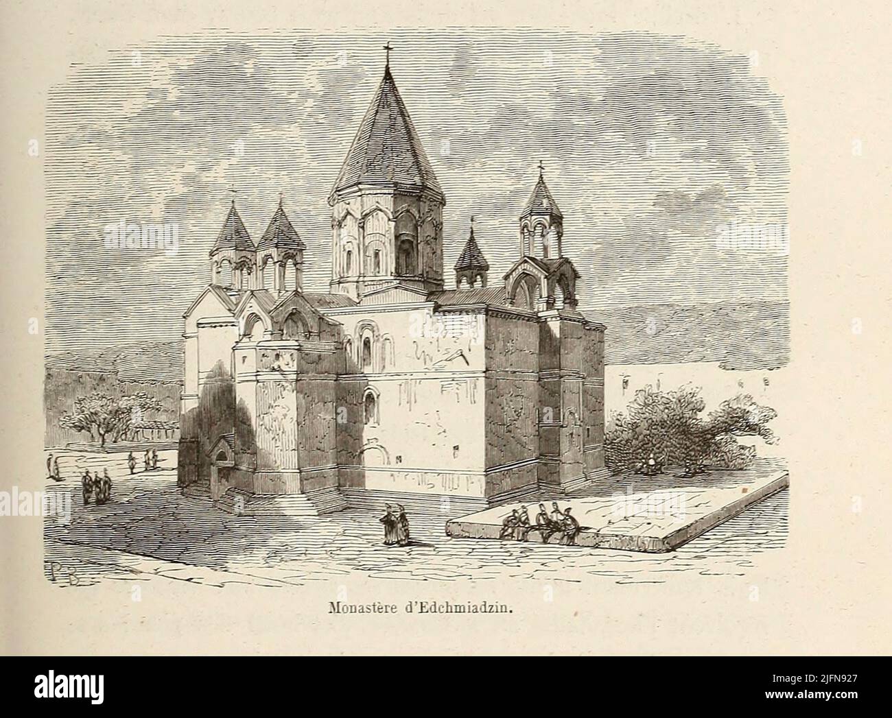 Monastero di Echmiadzin, Armenia dal libro Lettres sur le Caucase et la Crimée : ouvrage arricchi de trente vignettes dessinées d'après nature et d'une carte dressée au Dépôt topographique de la guerre à Saint-Pétersbourg [lettere sul Caucaso e la Crimea: Opera arricchita con trenta vignette tratte dalla natura e una mappa elaborata al Topographic War Depot di San Pietroburgo] di Floriant Gille, anno di pubblicazione 1859 Editore Parigi : Gide Foto Stock