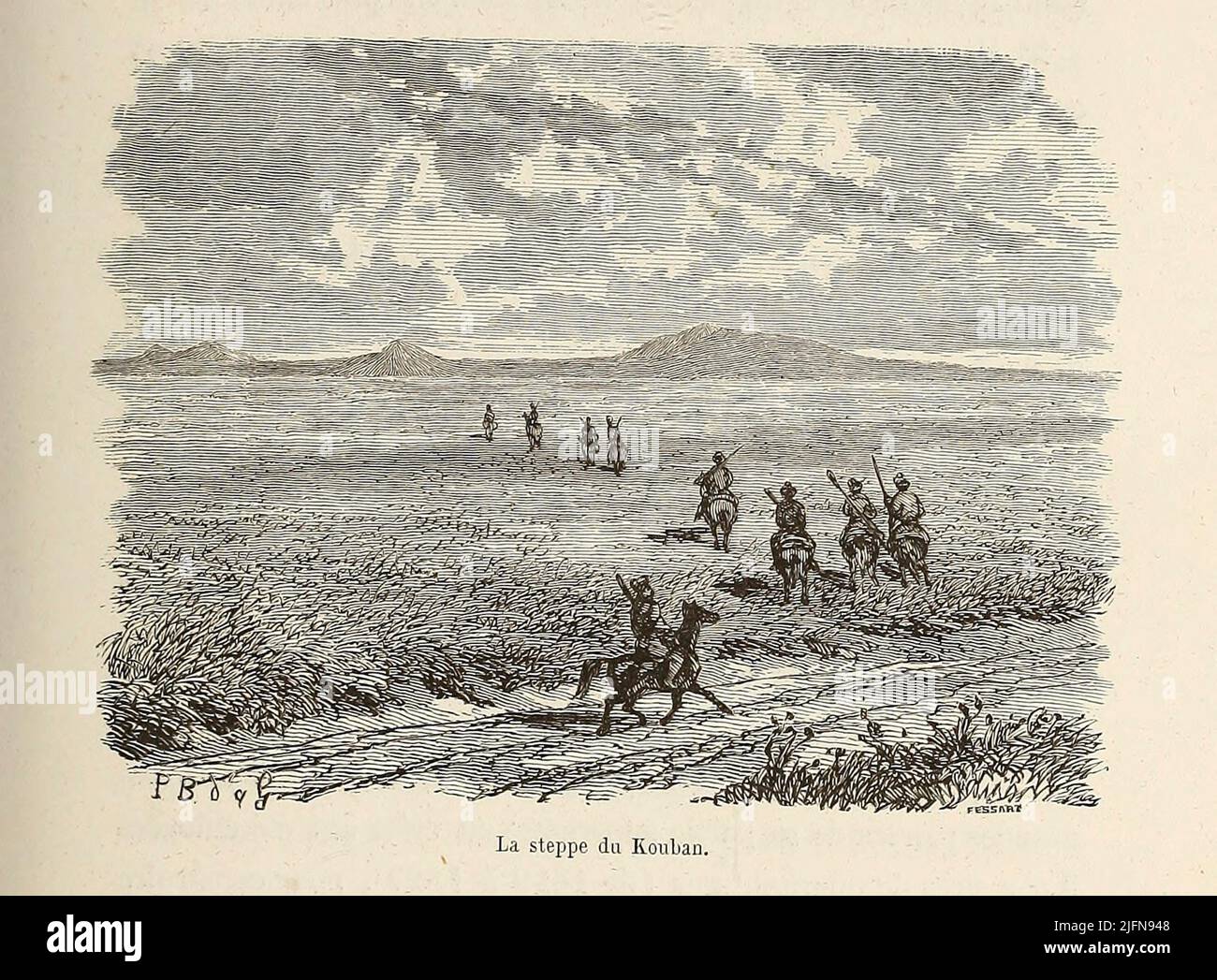 La steppe du Kouban del libro Lettres sur le Caucase et la Crimée : ouvrage arricchi de trente vignettes dessinées d'après nature et d'une carte dressée au Dépôt topographique de la guerre à Saint-Pétersbourg [lettere sul Caucaso e la Crimea: Opera arricchita con trenta vignette tratte dalla natura e una mappa elaborata al Topographic War Depot di San Pietroburgo] di Floriant Gille, anno di pubblicazione 1859 Editore Parigi : Gide Foto Stock